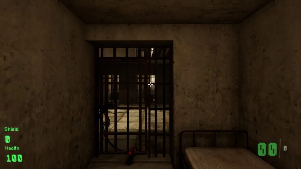 alt text: A dark corridor in KVARK with glowing green details and visible light rays.