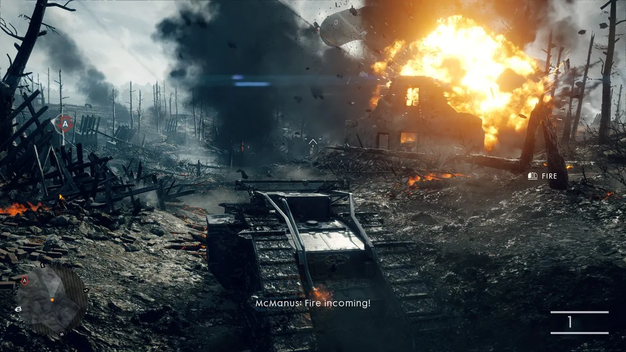 alt text: A dramatic scene from Battlefield 1 depicting soldiers amidst explosions and debris