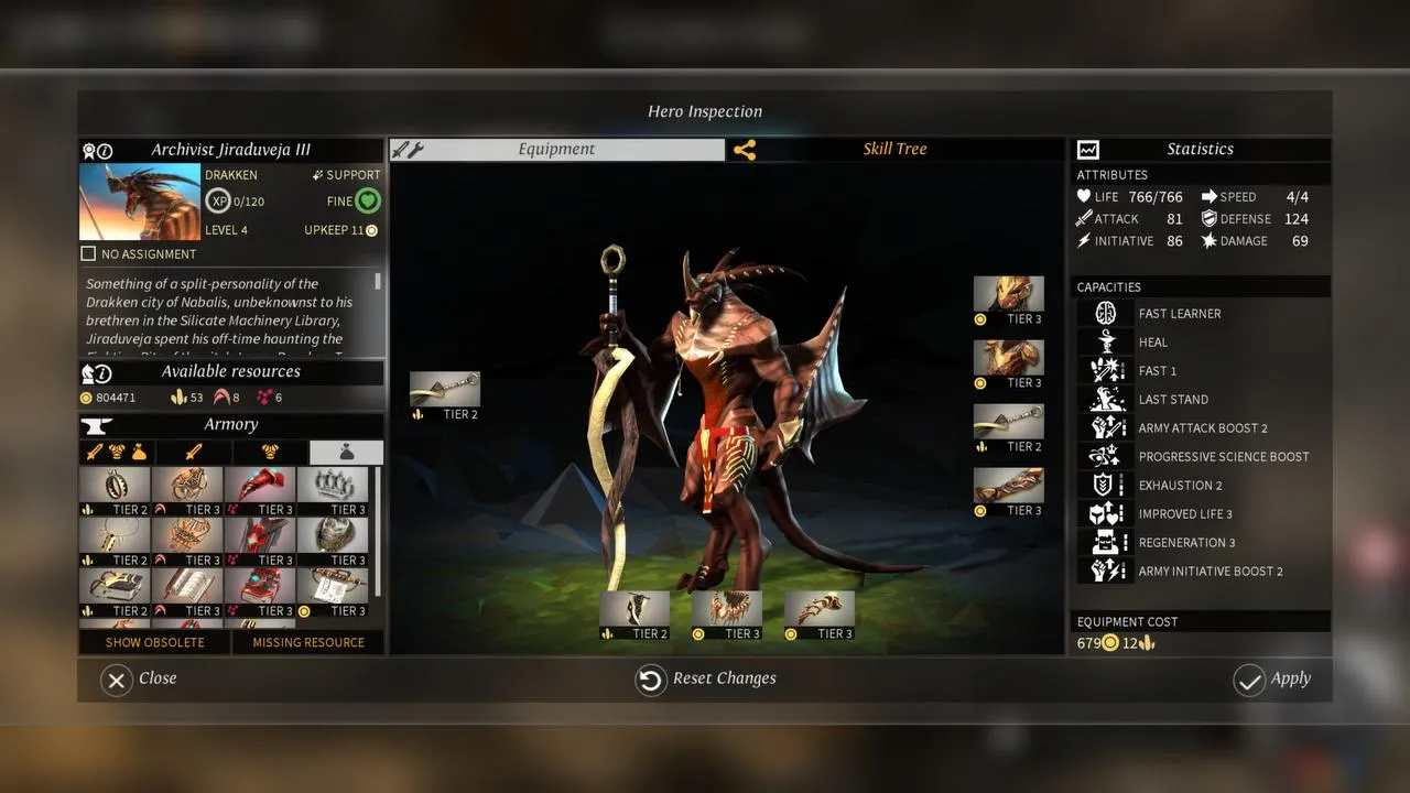 alt text:  A hero unit in Endless Legend, showcasing the character customization and equipment options.