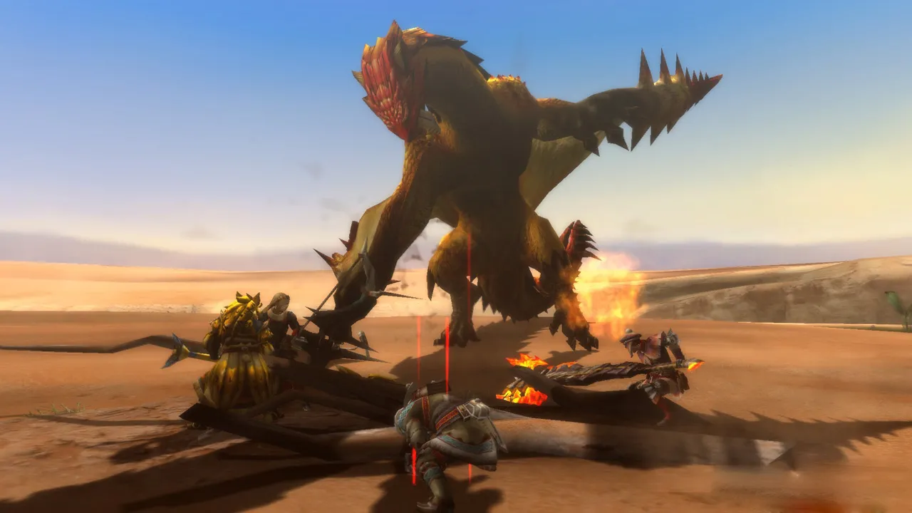 alt text: A hunter using a large sword against a monster in Monster Hunter 3 Ultimate.