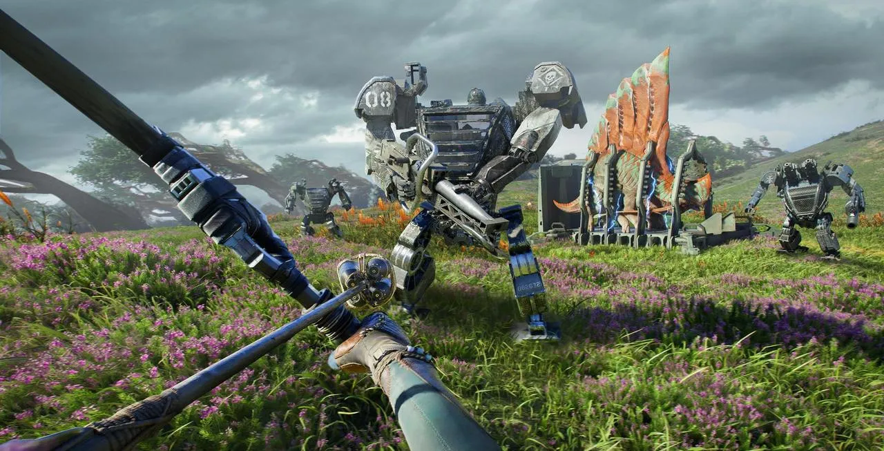 alt text: A Na'vi character aiming a bow and arrow from a hidden vantage point, preparing for a stealth attack