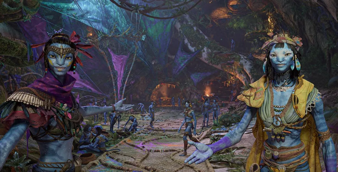 alt text: A Na'vi character riding an Ikran at night, with the bioluminescent flora of Pandora illuminating the scene