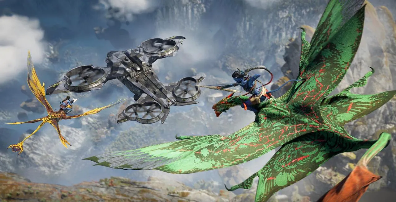 alt text: A Na'vi character soaring through the air on an Ikran, against a backdrop of Pandora's floating mountains