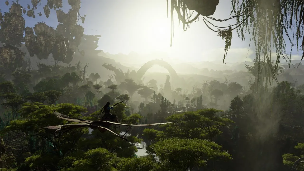 alt text:  A Na'vi character standing in a field of bioluminescent plants, with Pandora's floating mountains in the background