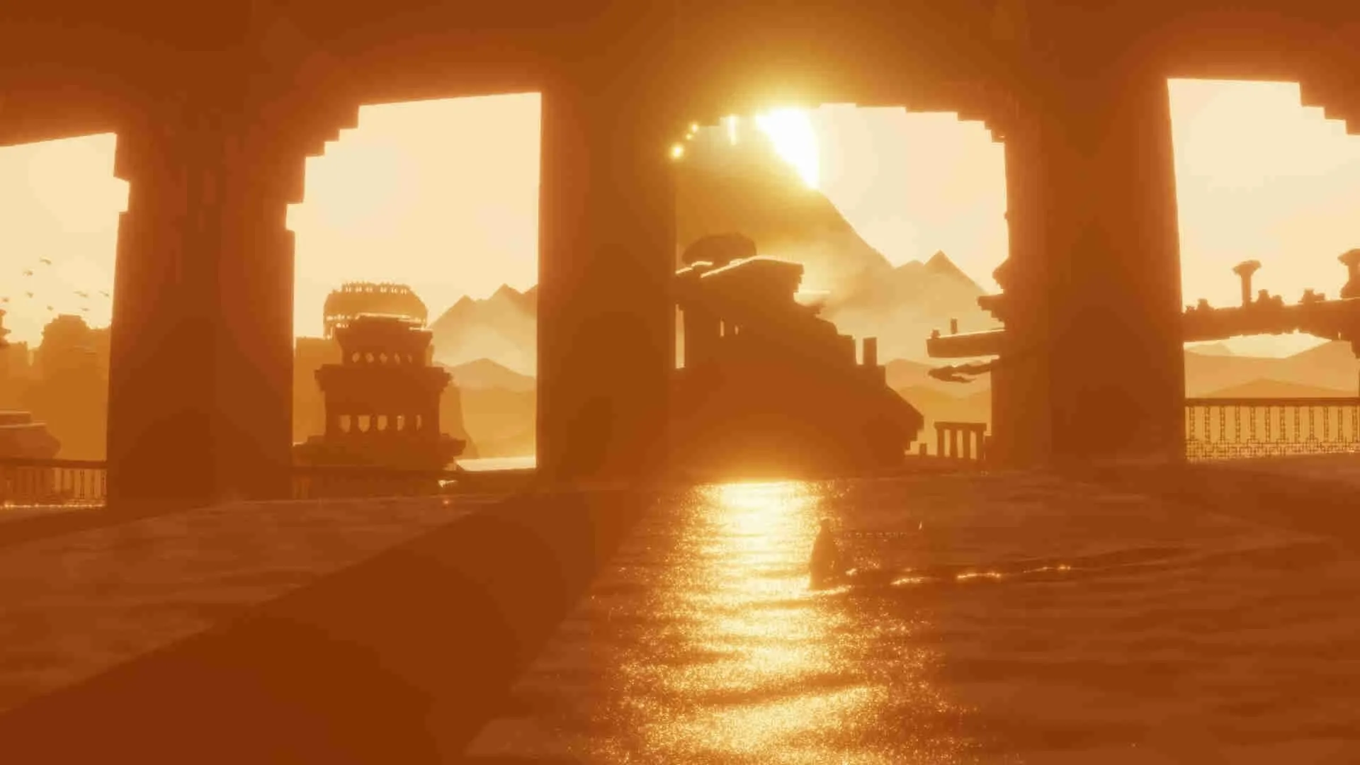 alt text: A panoramic view of a vast desert landscape in Journey.