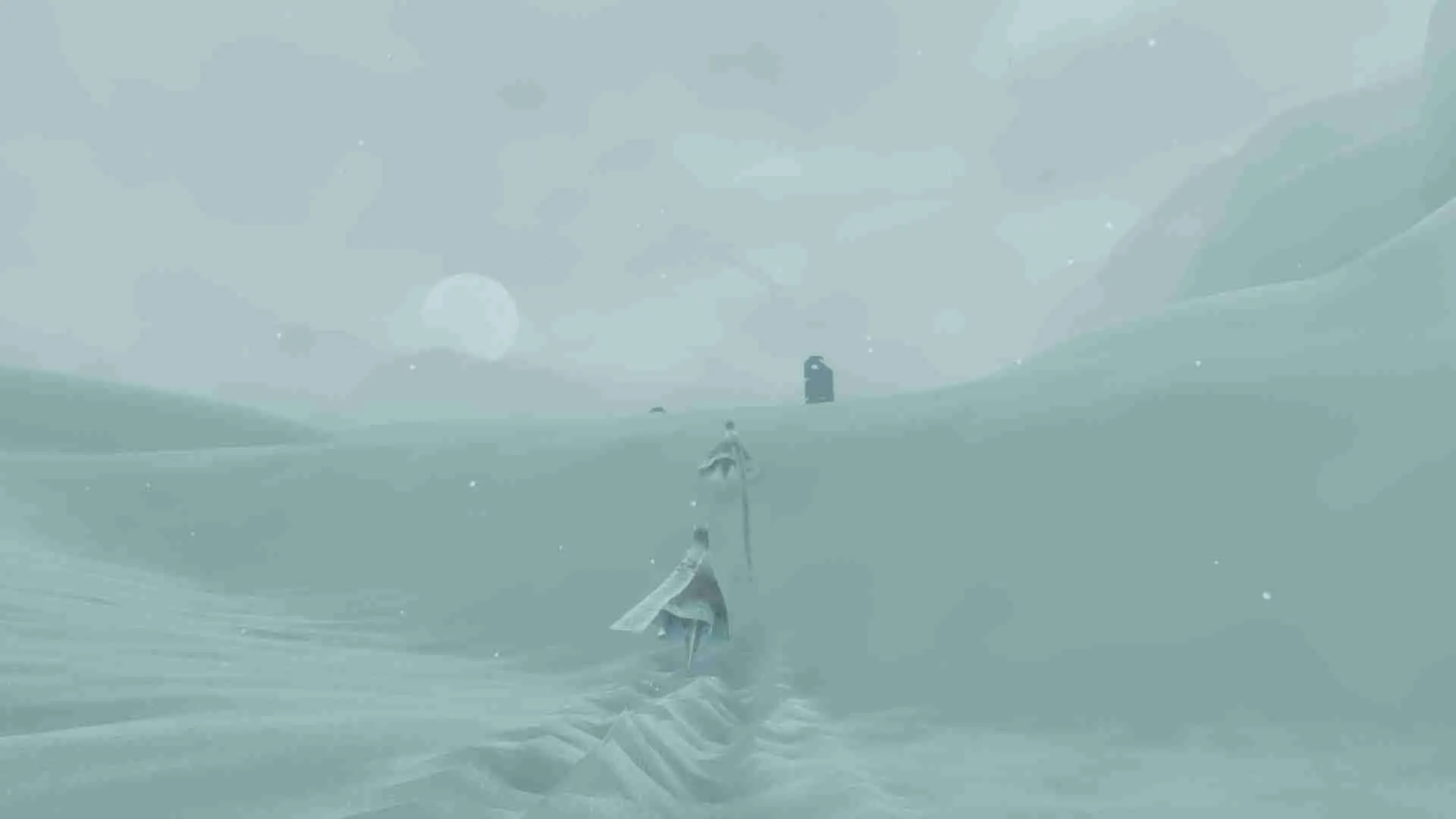 alt text: A robed figure gliding through the air with a flowing scarf.