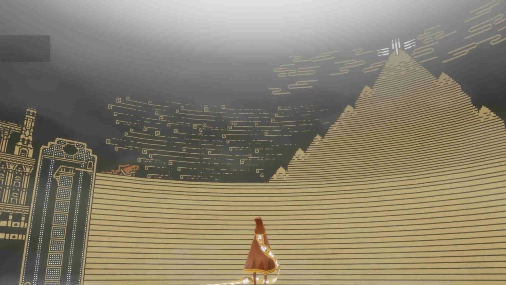 alt text: A robed figure struggling against a strong wind in a snowy environment.