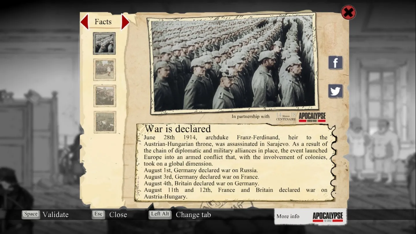 Alt Text: A scene from Valiant Hearts depicting the game's signature art style with characters against a backdrop of war-torn landscapes.