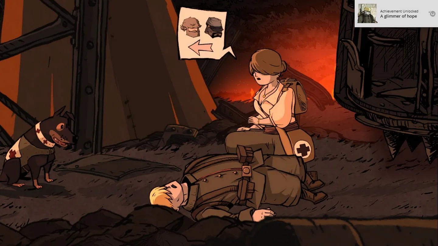 Alt Text: A scene from Valiant Hearts showing a character interacting with a dog, emphasizing the moments of compassion and connection amidst the war.
