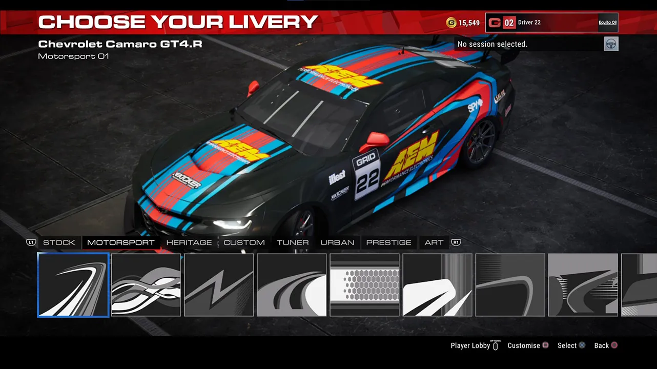 alt text: A screenshot displaying the limited customization options for car liveries in GRID Legends.