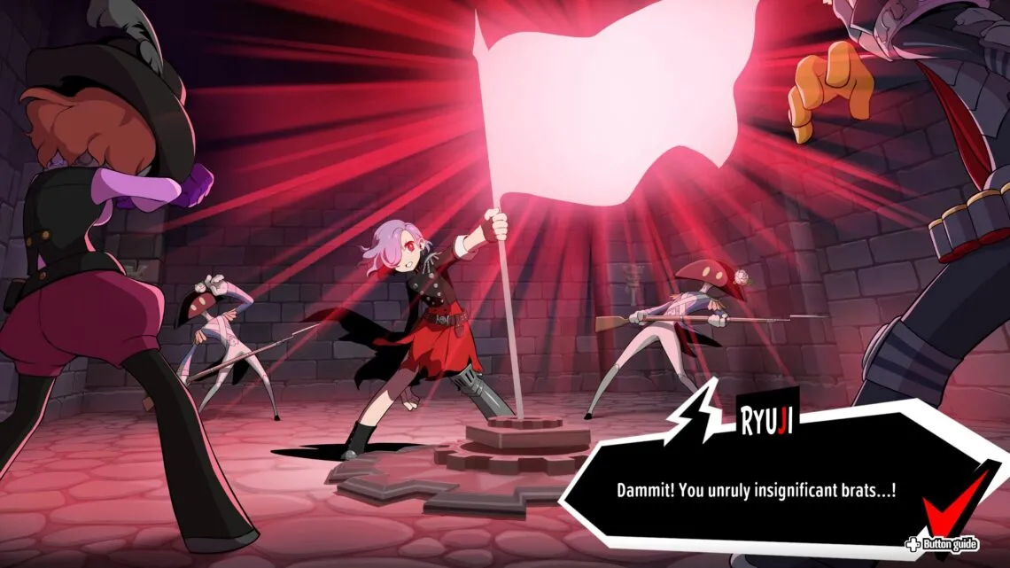 alt text: A screenshot displaying the unique art style of Persona 5 Tactica, blending chibi designs with the series' signature aesthetic.