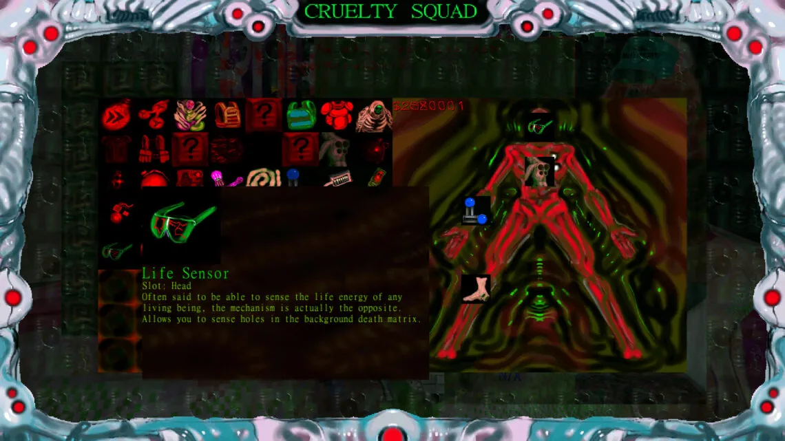 alt text: A screenshot from Cruelty Squad displaying the variety of weapons available to the player