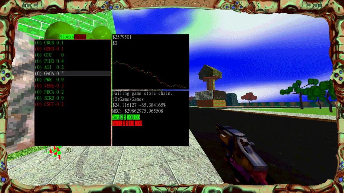 alt text: A screenshot from Cruelty Squad showing the character upgrade screen and its unsettling options