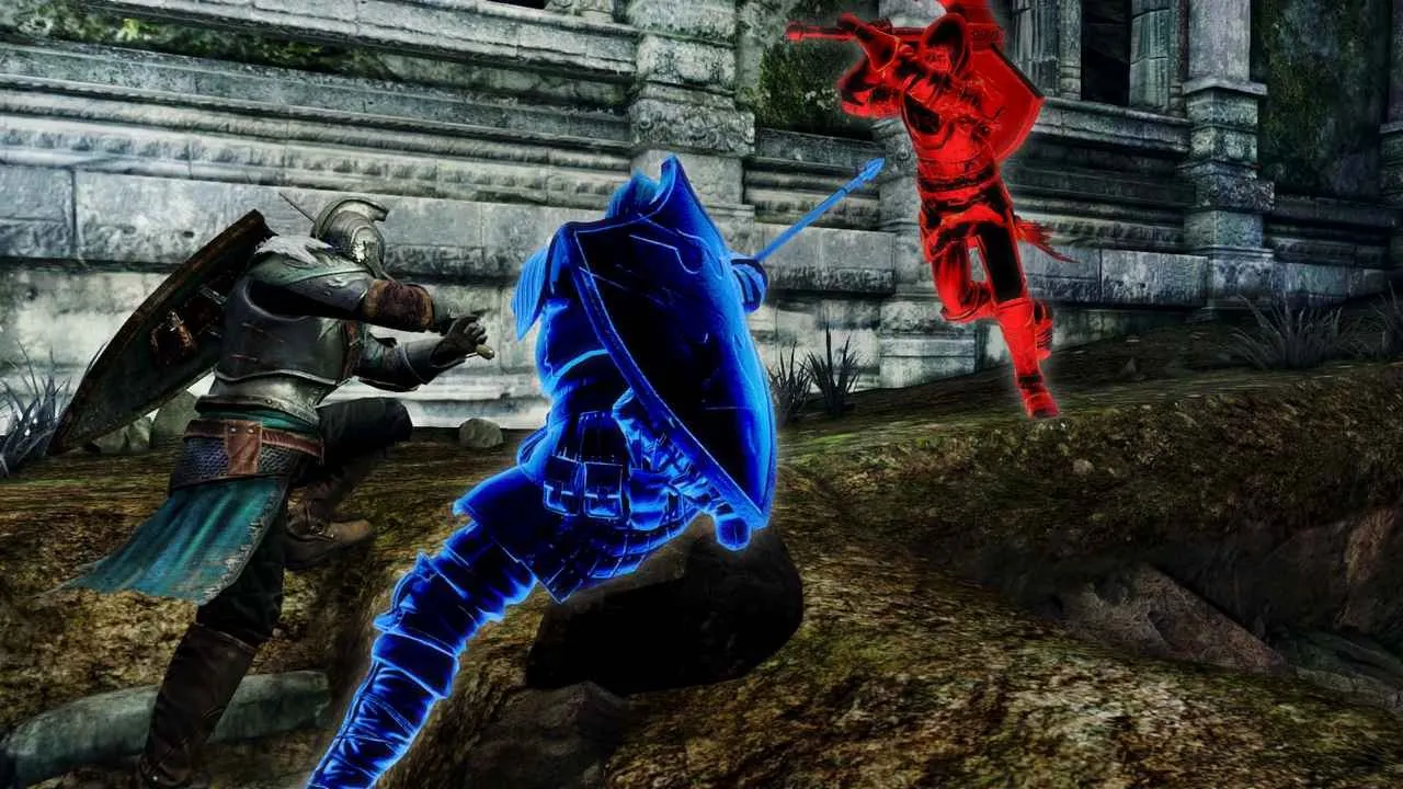 Alt text: A screenshot from Dark Souls II illustrating the online multiplayer aspect of the game with multiple players cooperating against a boss.