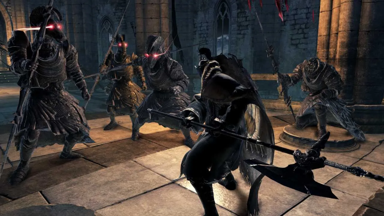 Alt text: A screenshot from Dark Souls II showing the player character facing a large, armored enemy in a dark environment.