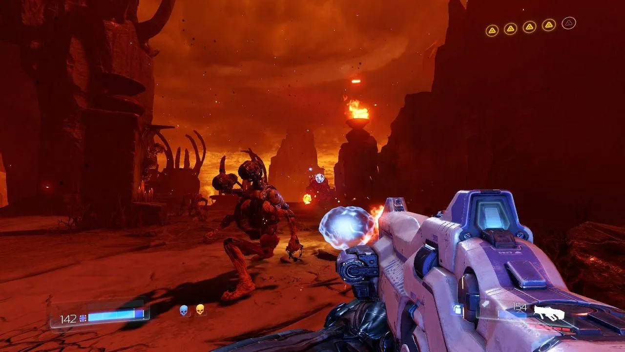 alt text: A screenshot from Doom (2016) displaying the upgrade menu for the Doom Slayer's Praetor Suit.