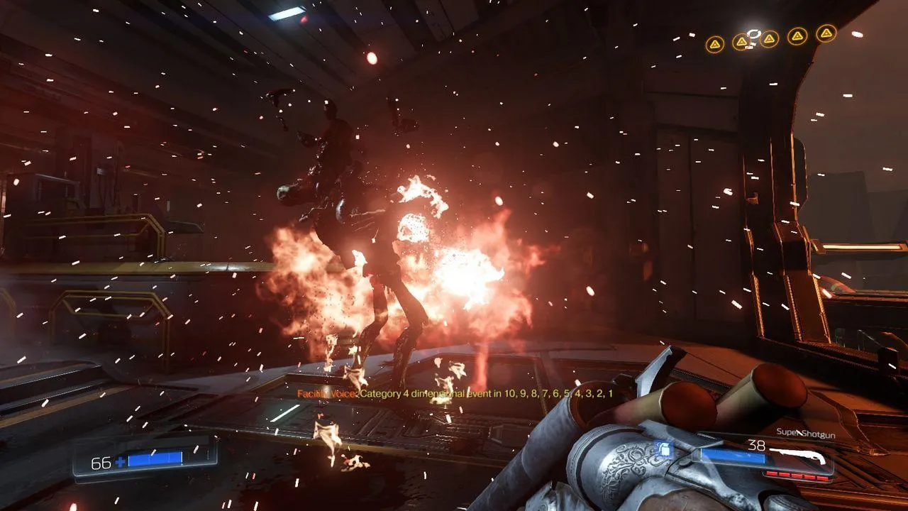 alt text: A screenshot from Doom (2016) showing the Doom Slayer confronting a demonic enemy in a fiery environment.