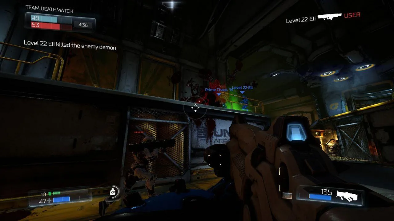 alt text: A screenshot from Doom (2016)'s multiplayer mode showing two players facing off.