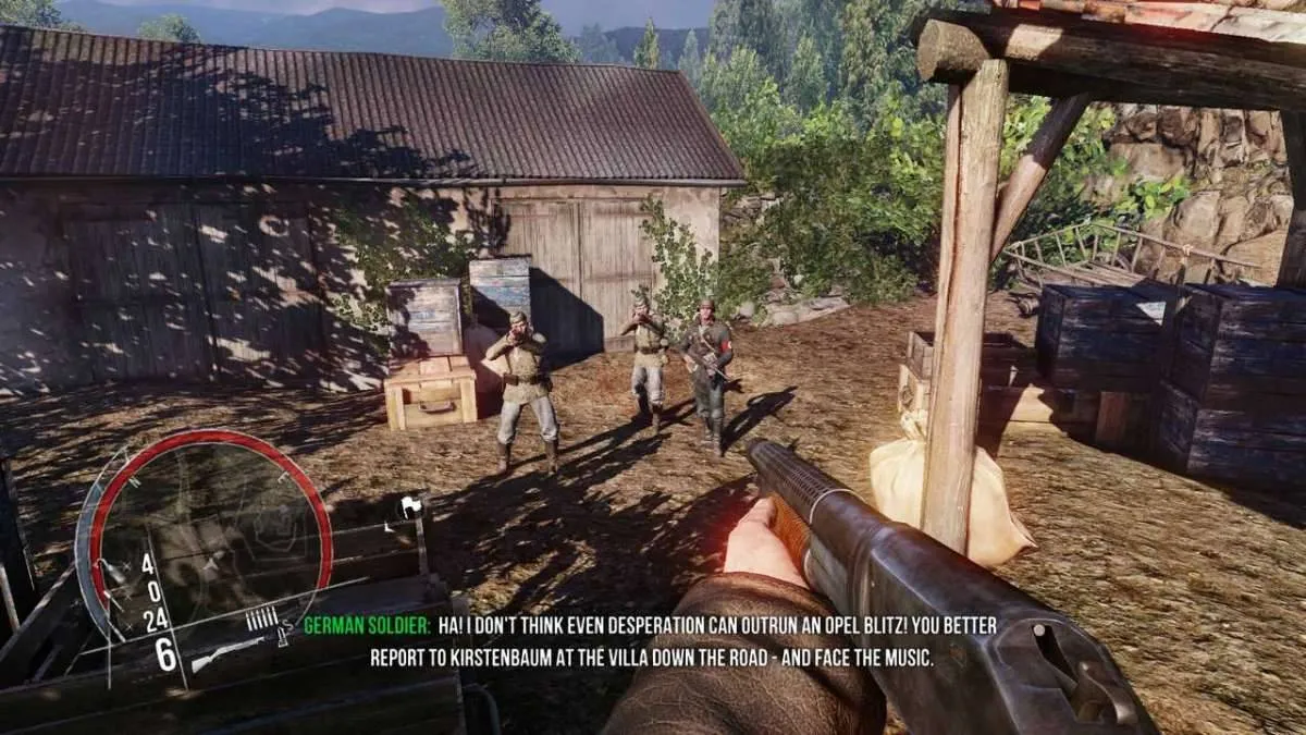 Alt text: A screenshot from Enemy Front depicting a character firing a submachine gun from behind cover in a war-torn street.