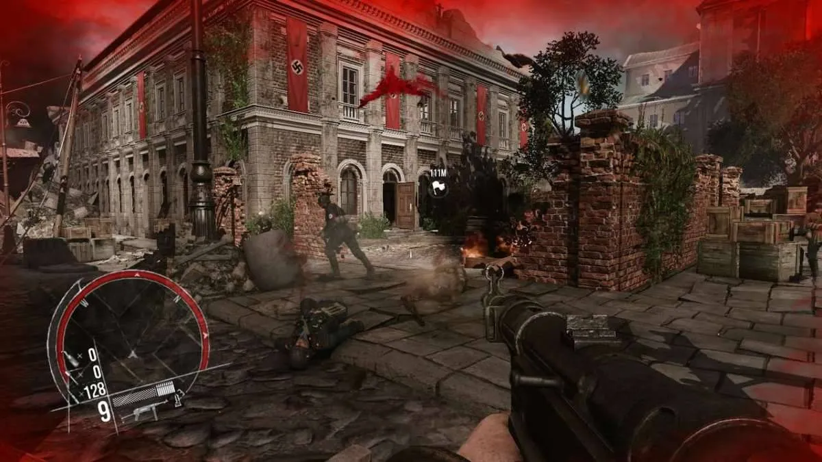 Alt text: A screenshot from Enemy Front displaying a dramatic explosion amidst the ruins of a war-torn city.