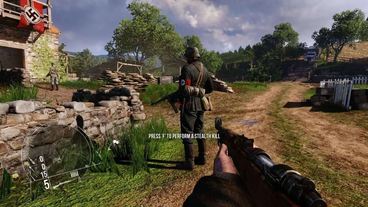 Alt text: A screenshot from Enemy Front showcasing the player using binoculars to scout enemy positions in a ruined building.