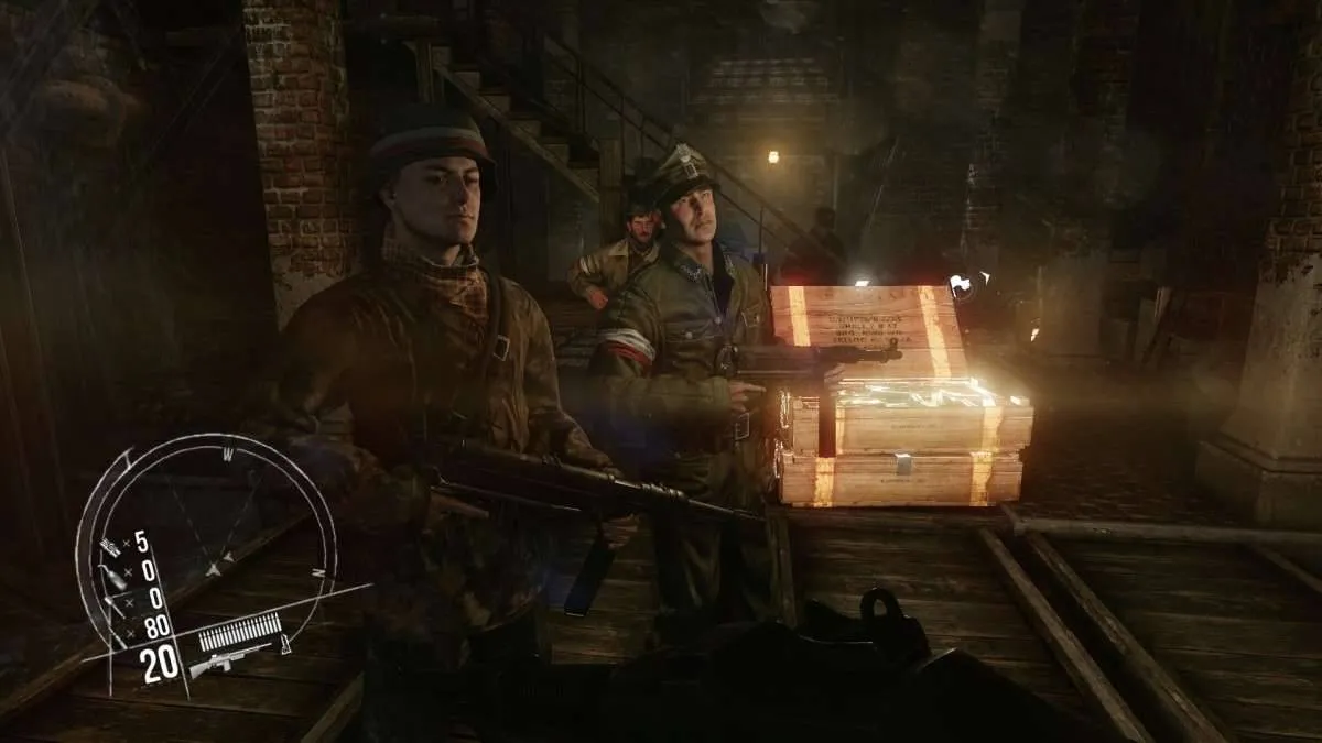 Alt text: A screenshot from Enemy Front showing the player aiming down the sights of a rifle in a war-torn urban environment.