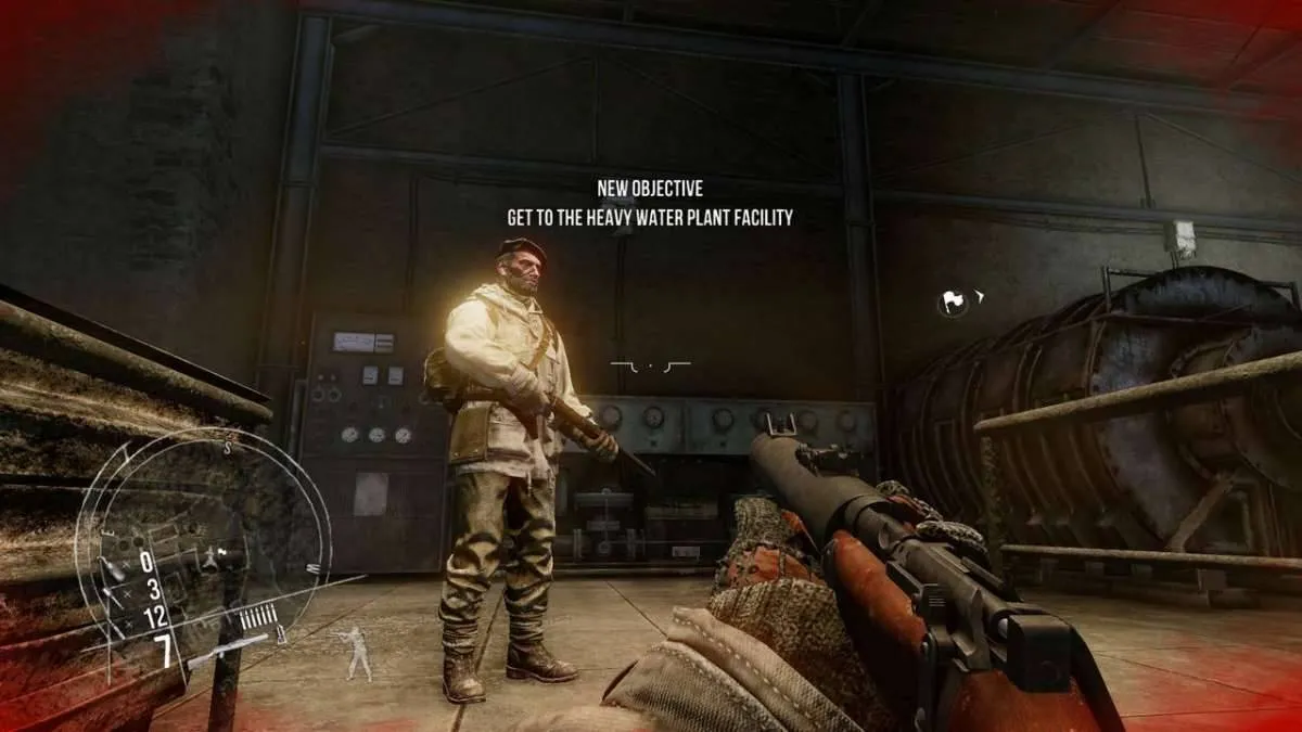 Alt text: A screenshot from Enemy Front showing the player taking cover behind a low wall while engaging enemies in a street fight.