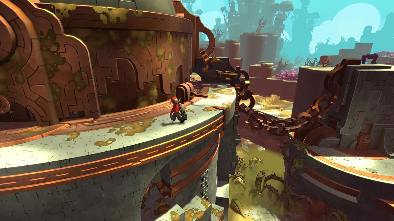 alt text:  A screenshot from Hob showcasing the game's vibrant color palette and the detailed environments, blending ancient ruins with overgrown flora.