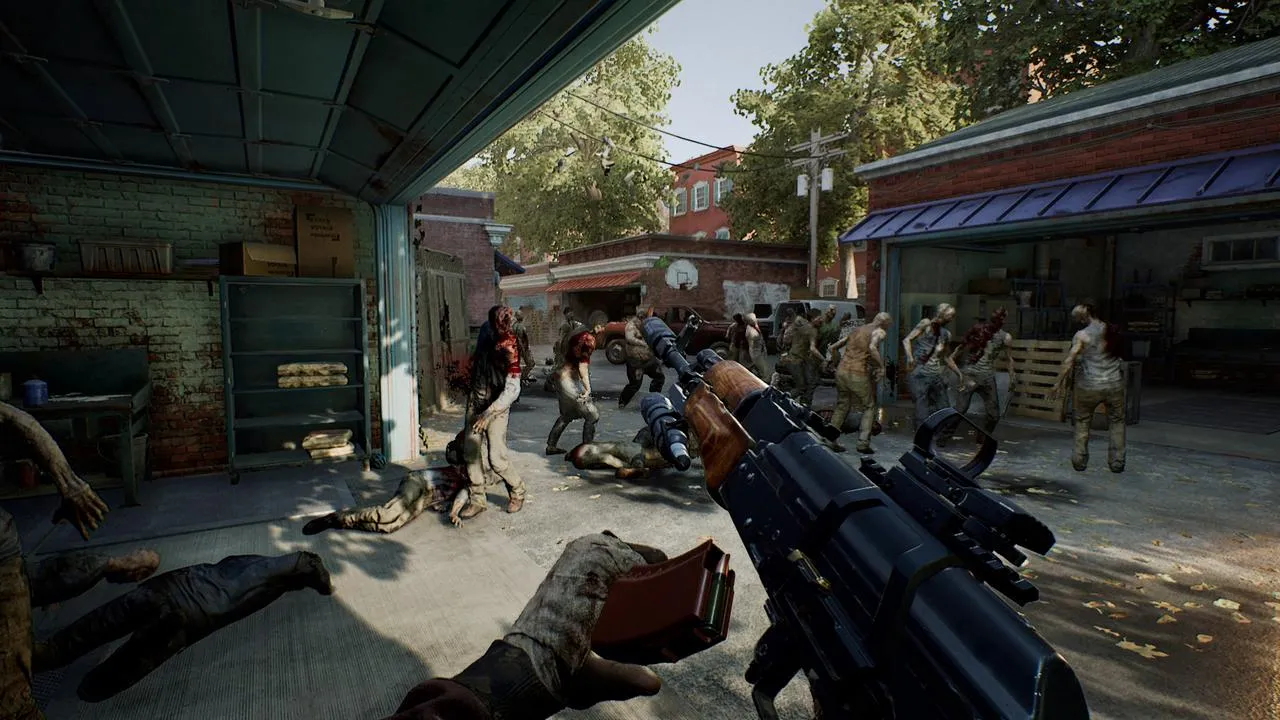 alt text: A screenshot from Overkill's The Walking Dead showing a character aiming a weapon in a dimly lit environment.