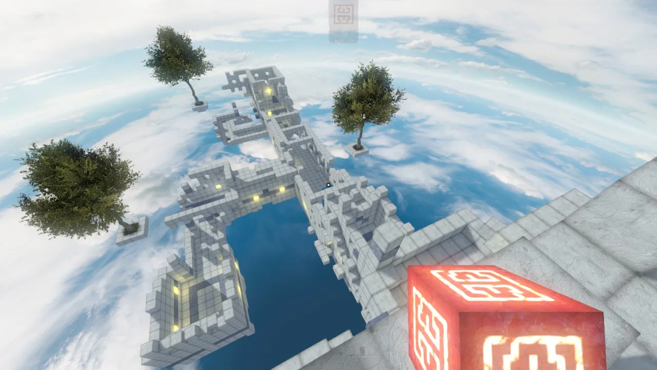 alt text: A screenshot from Qbeh-1: The Atlas Cube showing the player character navigating a level using colored blocks.