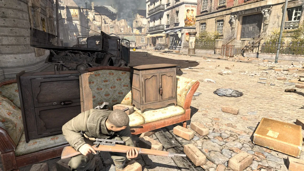 alt text: A screenshot from Sniper Elite V2 remastered showing the protagonist using binoculars to survey the environment