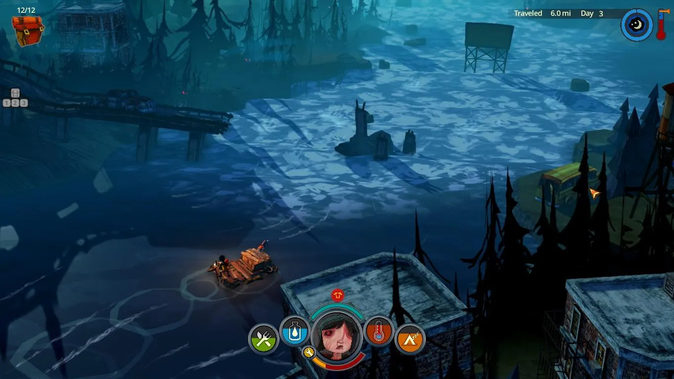 alt text: A screenshot from The Flame in the Flood depicting the player character on her raft with her dog.