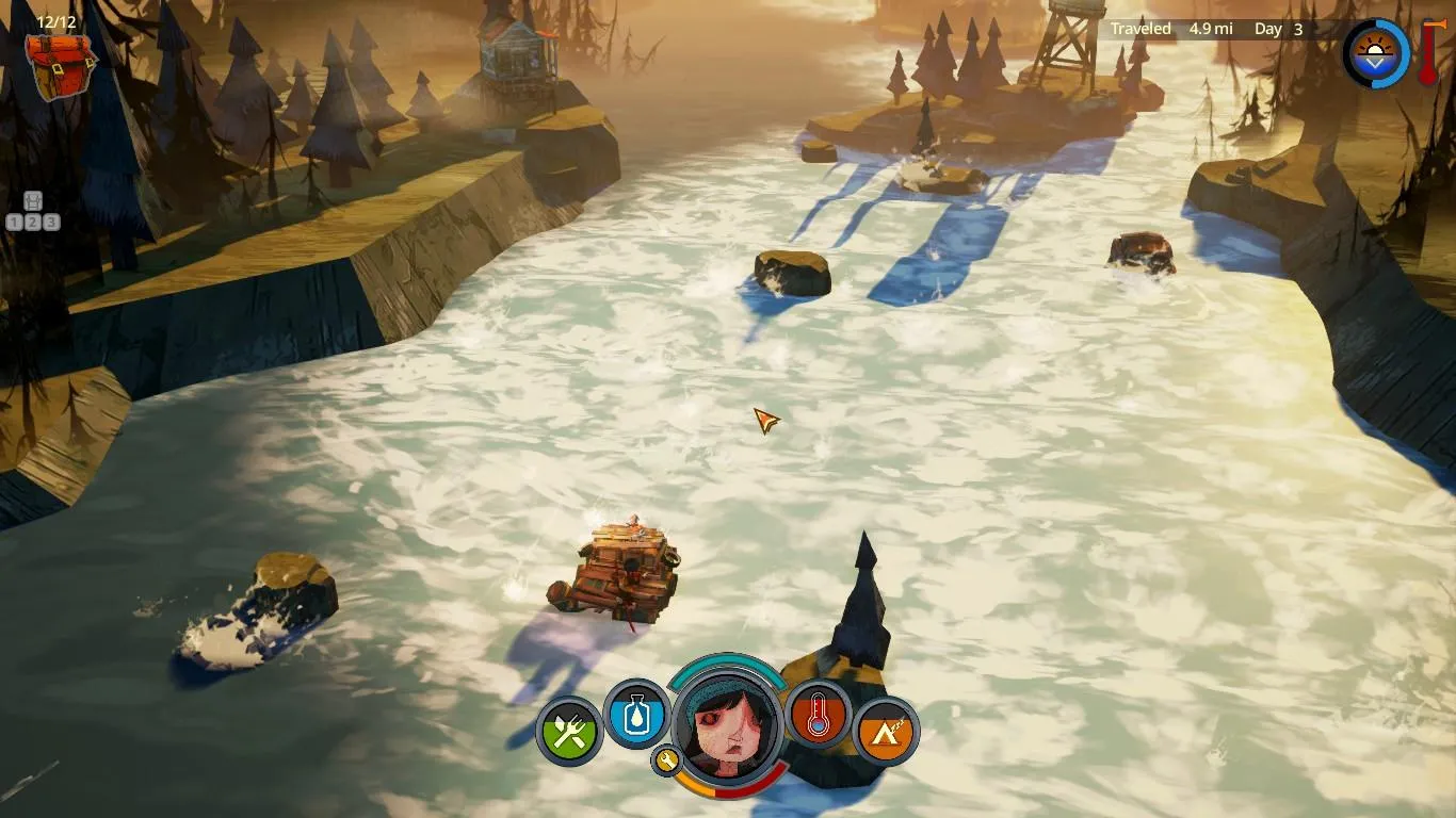 alt text: A screenshot from The Flame in the Flood showcasing the game's stylized low-poly graphics and environment.