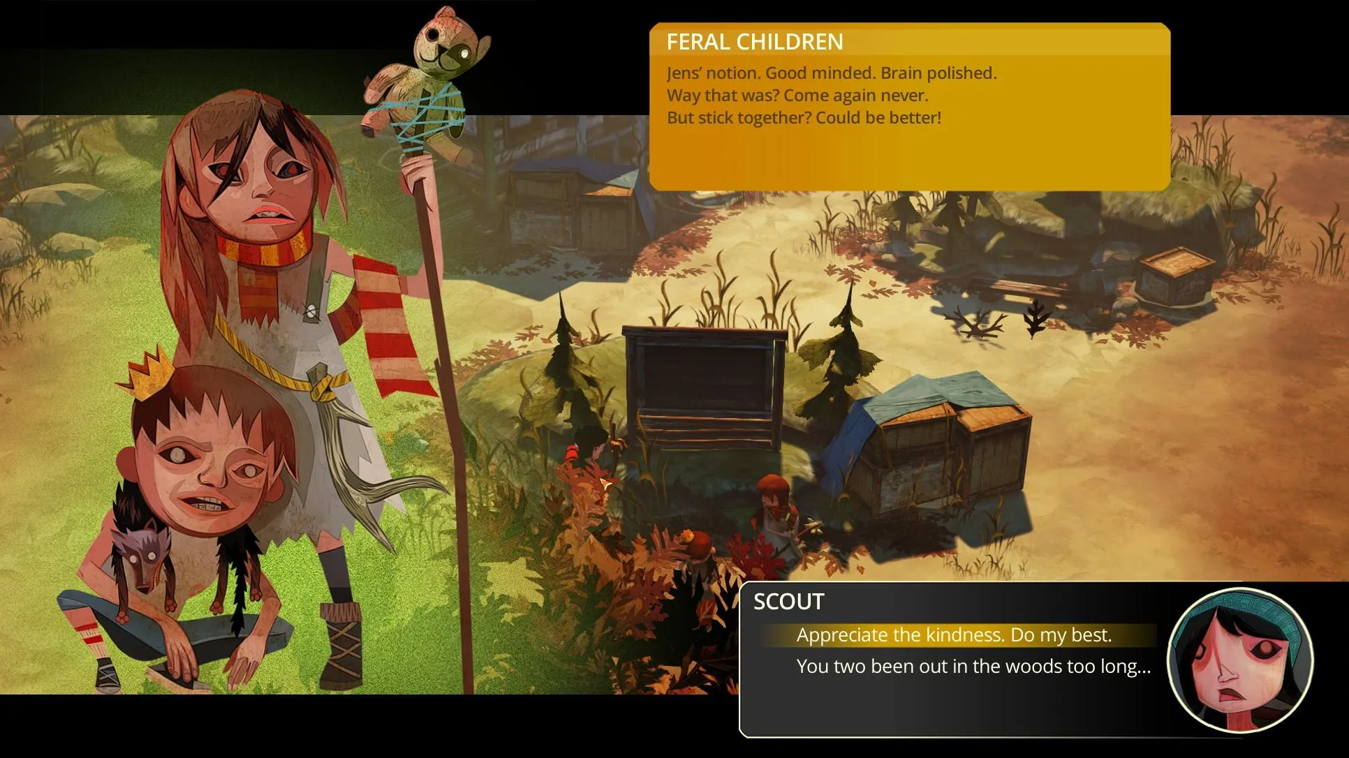 alt text: A screenshot from The Flame in the Flood showing the player character and her dog on a raft navigating a river.