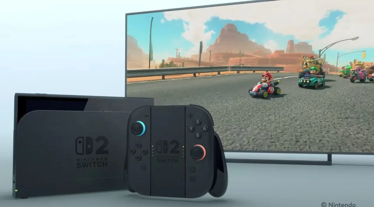 alt text: A screenshot from the Nintendo Switch 2 trailer showing a new Mario Kart game running on the console.