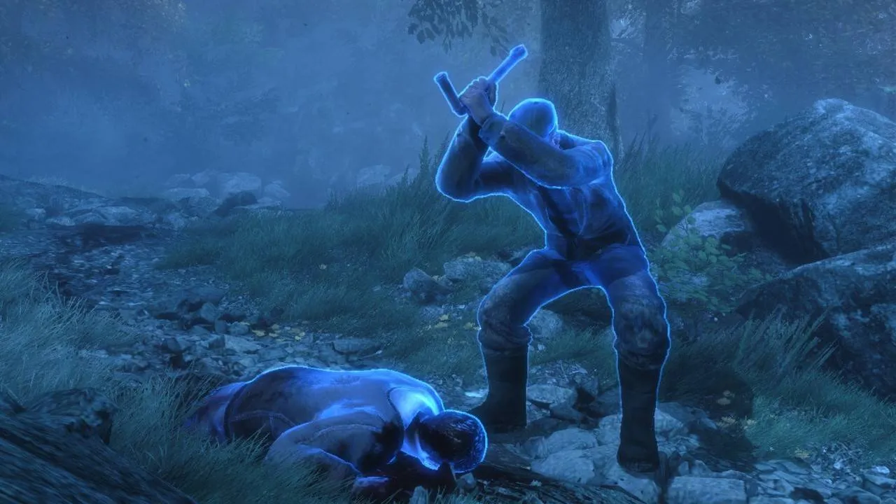 alt text: A screenshot from The Vanishing of Ethan Carter showing the player character examining a clue, highlighting the investigative gameplay