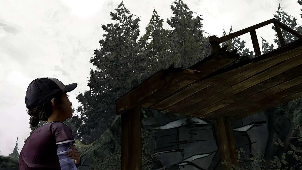 alt text: A screenshot from The Walking Dead Season Two showcasing the game's cel-shaded graphics.