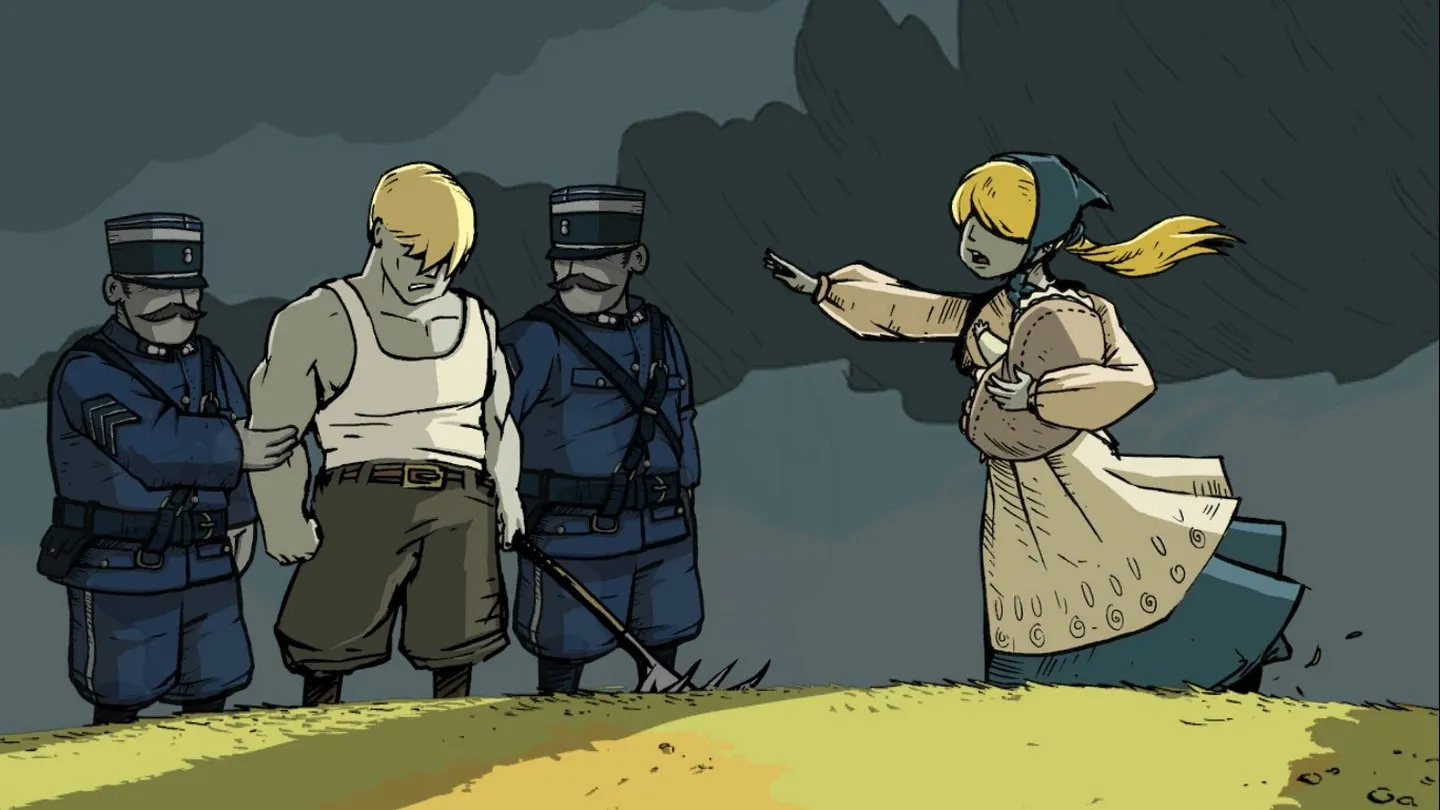 Alt Text: A screenshot from Valiant Hearts demonstrating the game's unique and stylized visuals, reminiscent of hand-drawn sketches.