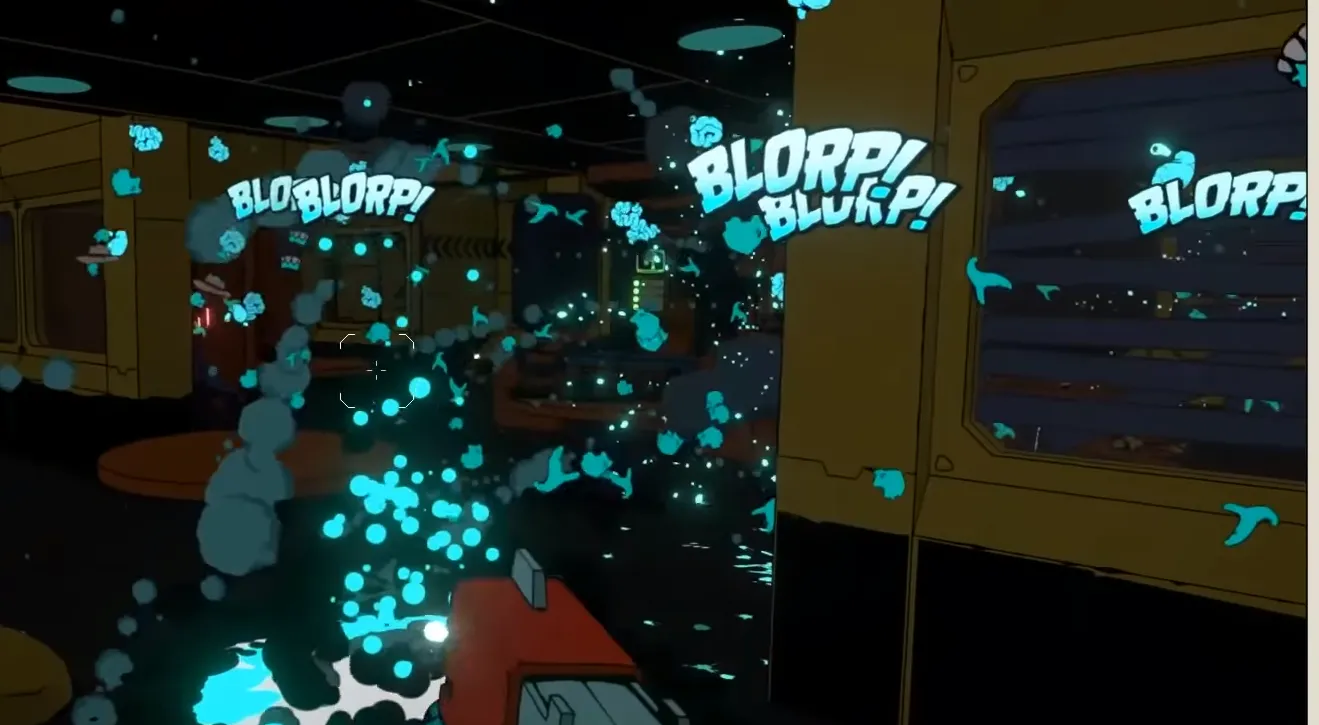 alt text: A screenshot from Void Bastards showcasing the onomatopoeic words used for sound effects, such as 'Thwak!'