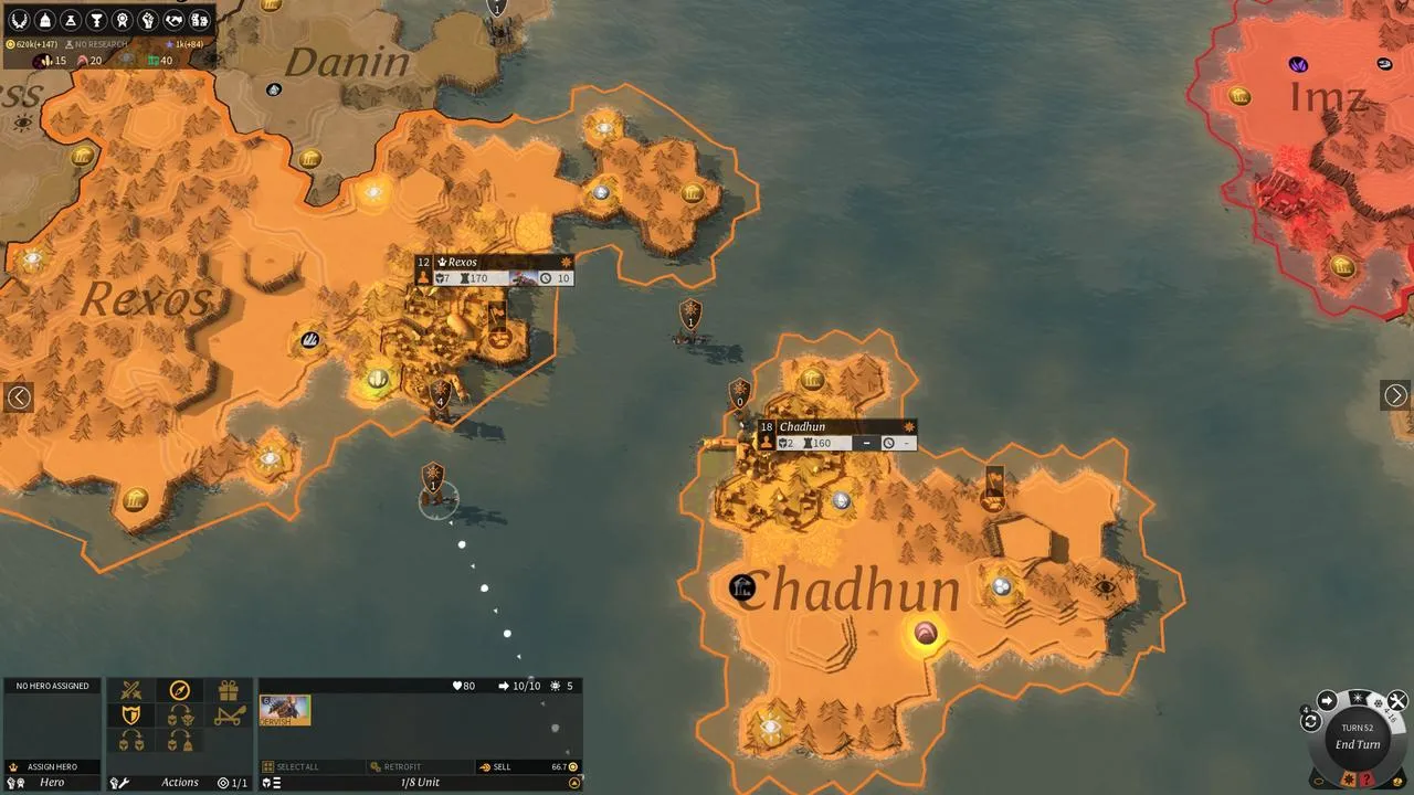 alt text: A screenshot of a city in Endless Legend, showing the building placement and surrounding terrain.
