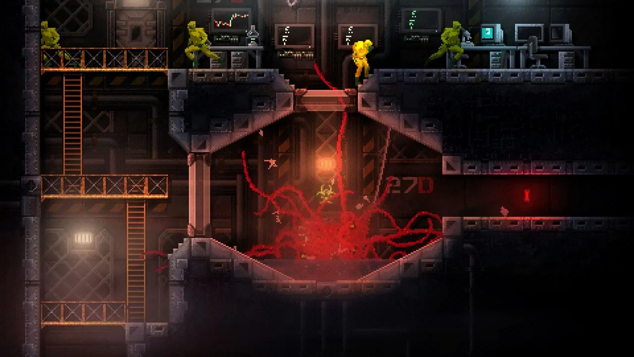 alt text: A screenshot of the amorphous creature from Carrion spreading its tendrils through a vent.