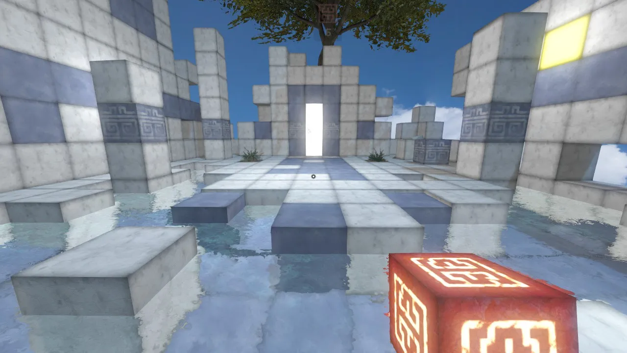 alt text: A section of a level in Qbeh-1: The Atlas Cube highlighting the game's environmental design and the strategic placement of colored blocks.