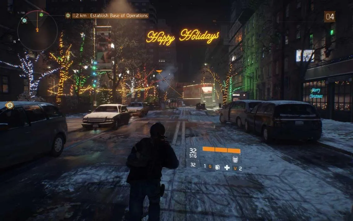 alt text: A snowy street in The Division's post-pandemic New York, abandoned cars and debris littering the scene.