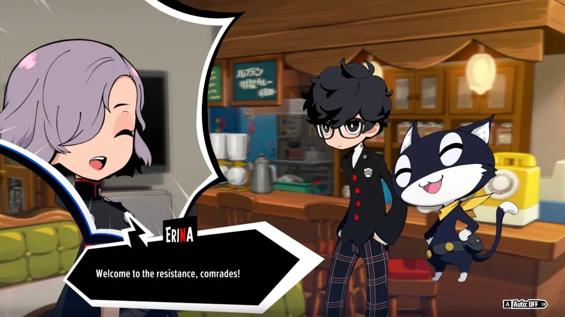 alt text: A story scene from Persona 5 Tactica featuring the main characters in a conversation.