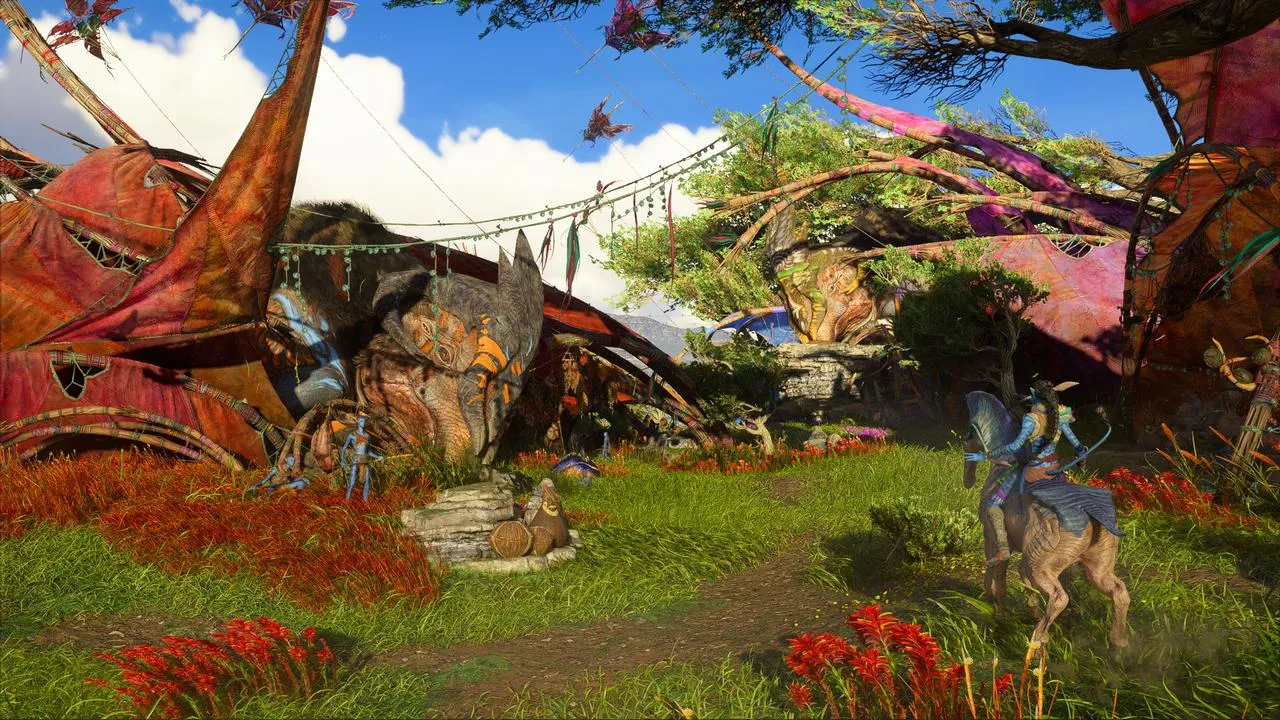 alt text: A view of a Na'vi settlement built into a giant tree, showcasing the intricate architecture and integration with nature