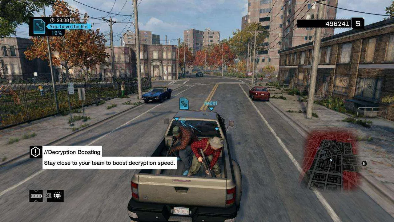 alt text:  A Watch Dogs player hacks into the system while another player attempts to locate them.