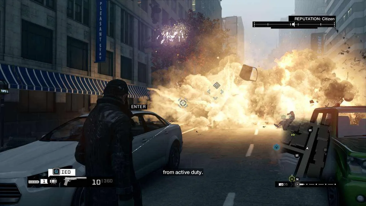 alt text: Aiden Pearce, the protagonist of Watch Dogs, uses his smartphone to hack into the city's infrastructure.