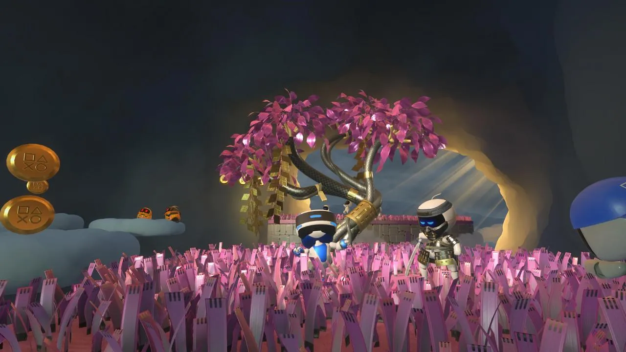 alt text: Astro Bot collecting coins in a level designed like a computer's cooling system