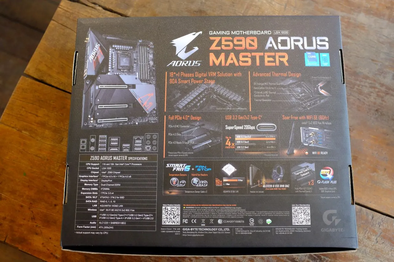 alt text: Back of the GIGABYTE Z590 AORUS Master motherboard box