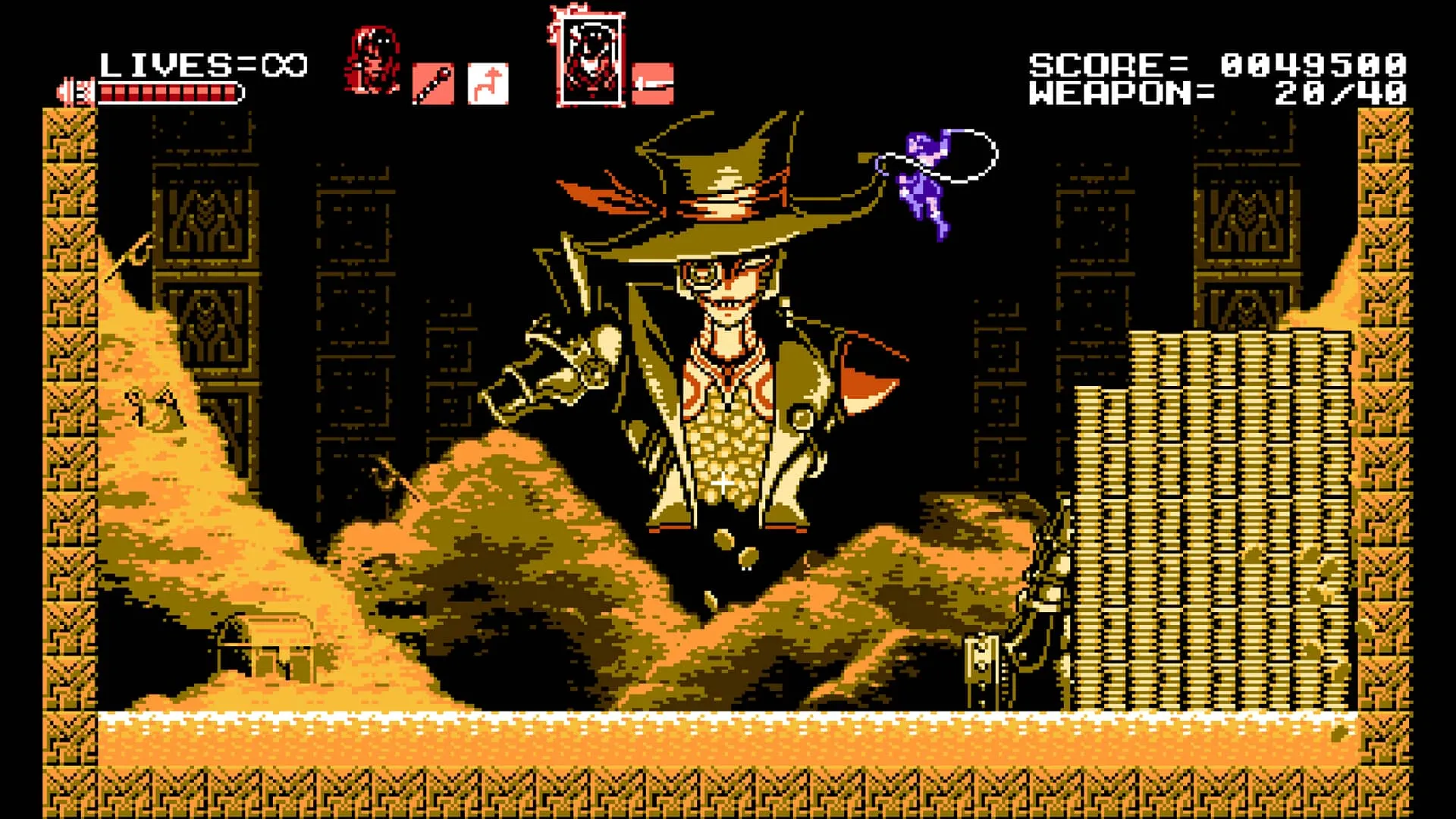 alt text: Bloodstained: Curse of the Moon gameplay screenshot displaying the main character Zangetsu fighting a boss in a castle setting.